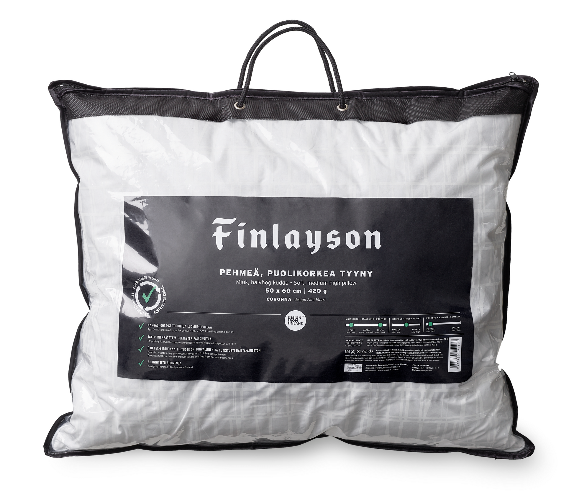 40026-3435-01-06_4; 40014-3435-01-10_4; Finlayson Coronna Premium pehmeä puolikorkea tyyny Valkoinen / 50x60 cm 